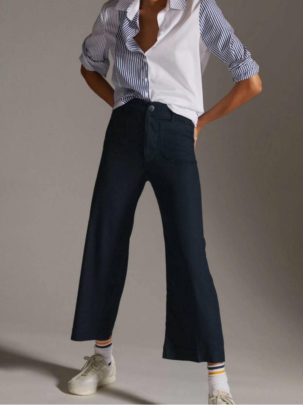 Anthropologie Maeve Dark Navy Wide-Leg Cropped Pants Linen Blend worn once. 27